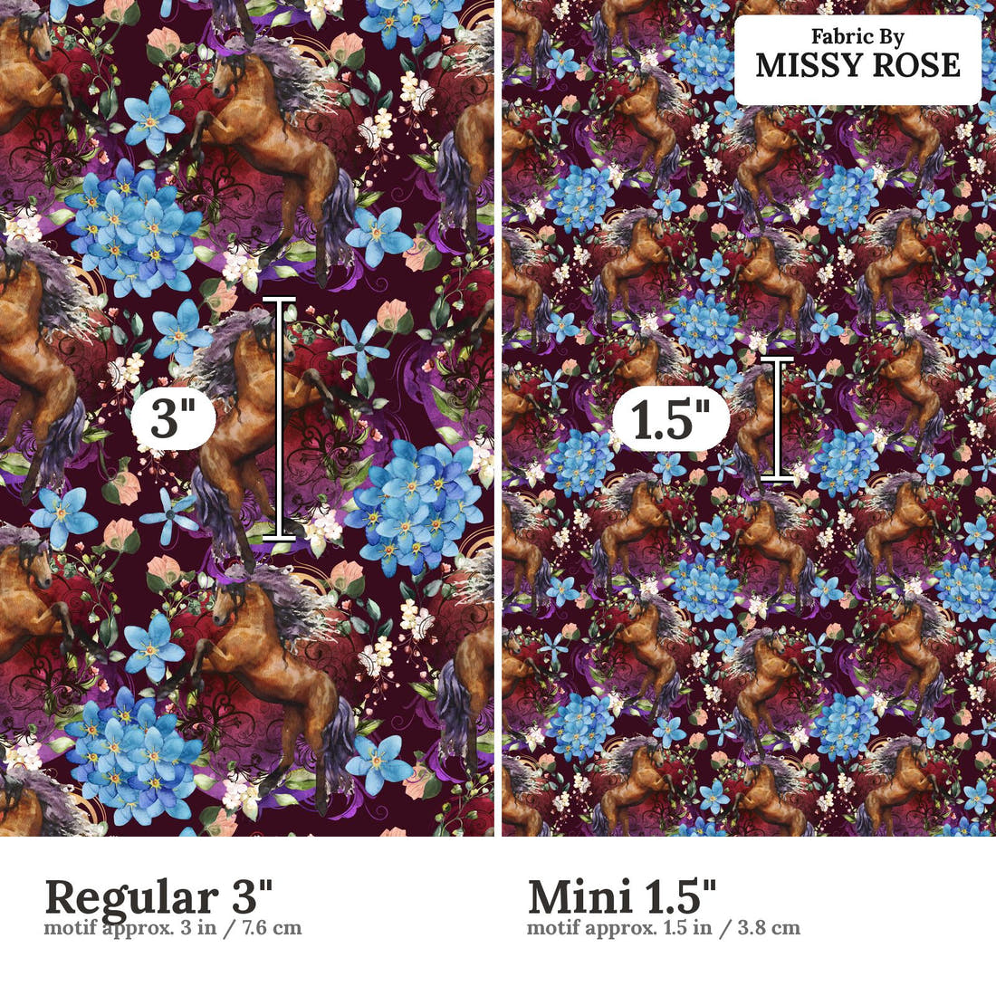 Design 661 Maroon Horse Fabric size comparison - print scale | Fabric by Missy Rose