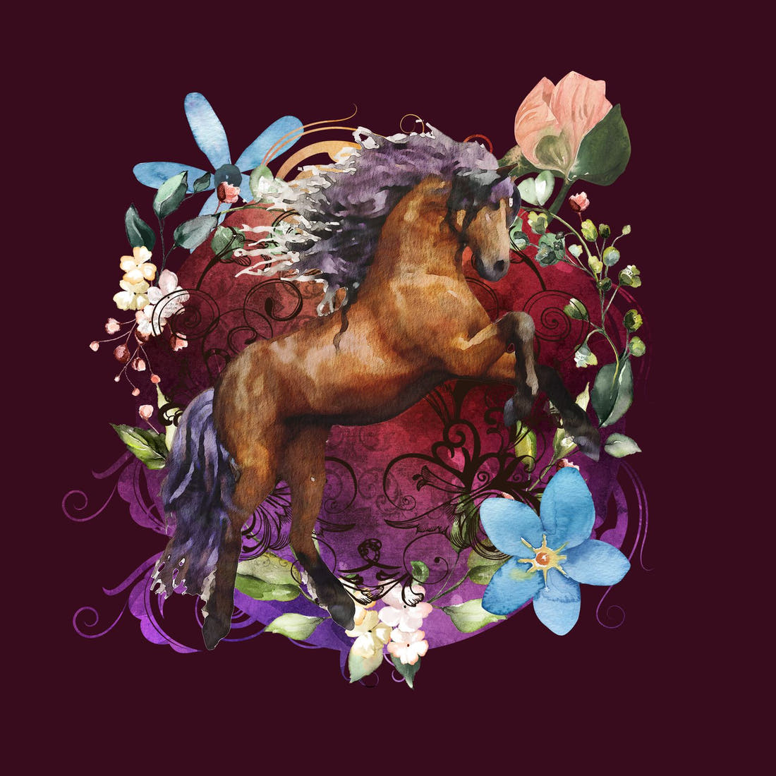 Design 661 Maroon Horse Panel – full artwork close-up of the printed picture | Fabric by Missy Rose