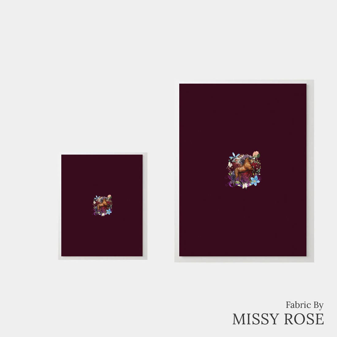 Design 661 Maroon Horse Panel – universal and adult panel sizes side by side | Fabric by Missy Rose