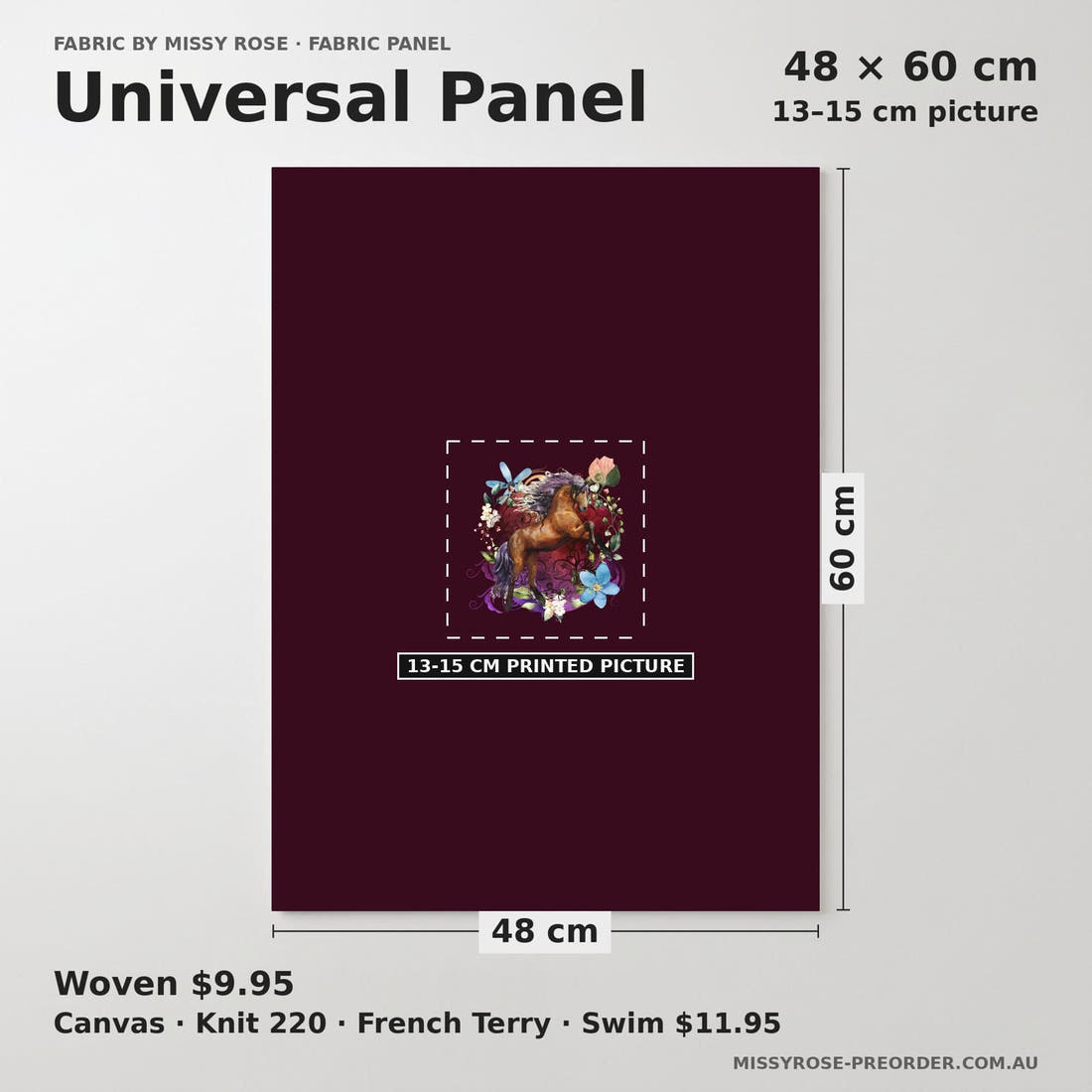 Design 661 Maroon Horse Panel universal panel sizing – 13–15 cm printed picture on 48 × 60 cm fabric | Fabric by Missy Rose