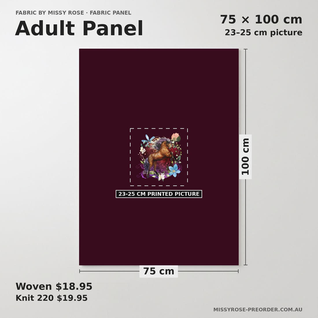 Design 661 Maroon Horse Panel adult panel sizing – 23–25 cm printed picture on 75 × 100 cm fabric | Fabric by Missy Rose