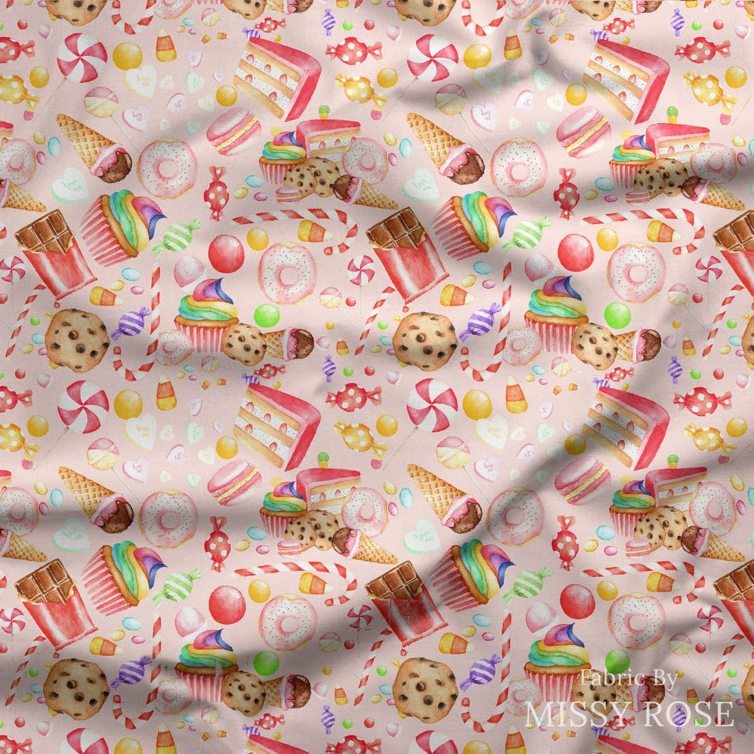 Design 663 Sweets Fabric draped fabric mockup – custom printed fabric by the metre | Fabric by Missy Rose