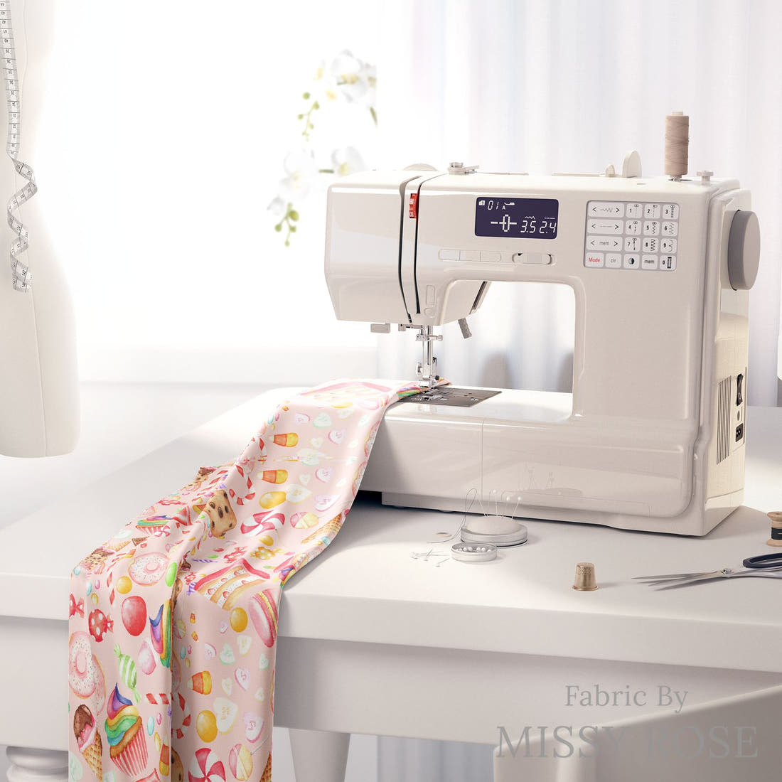 Design 663 Sweets Fabric on a sewing machine – premium fabric for sewing projects | Fabric by Missy Rose