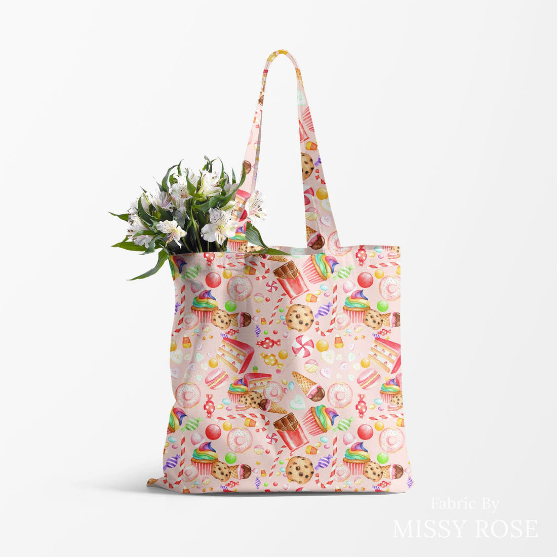 Design 663 Sweets Fabric made up as a tote bag – see how the print looks made up | Fabric by Missy Rose
