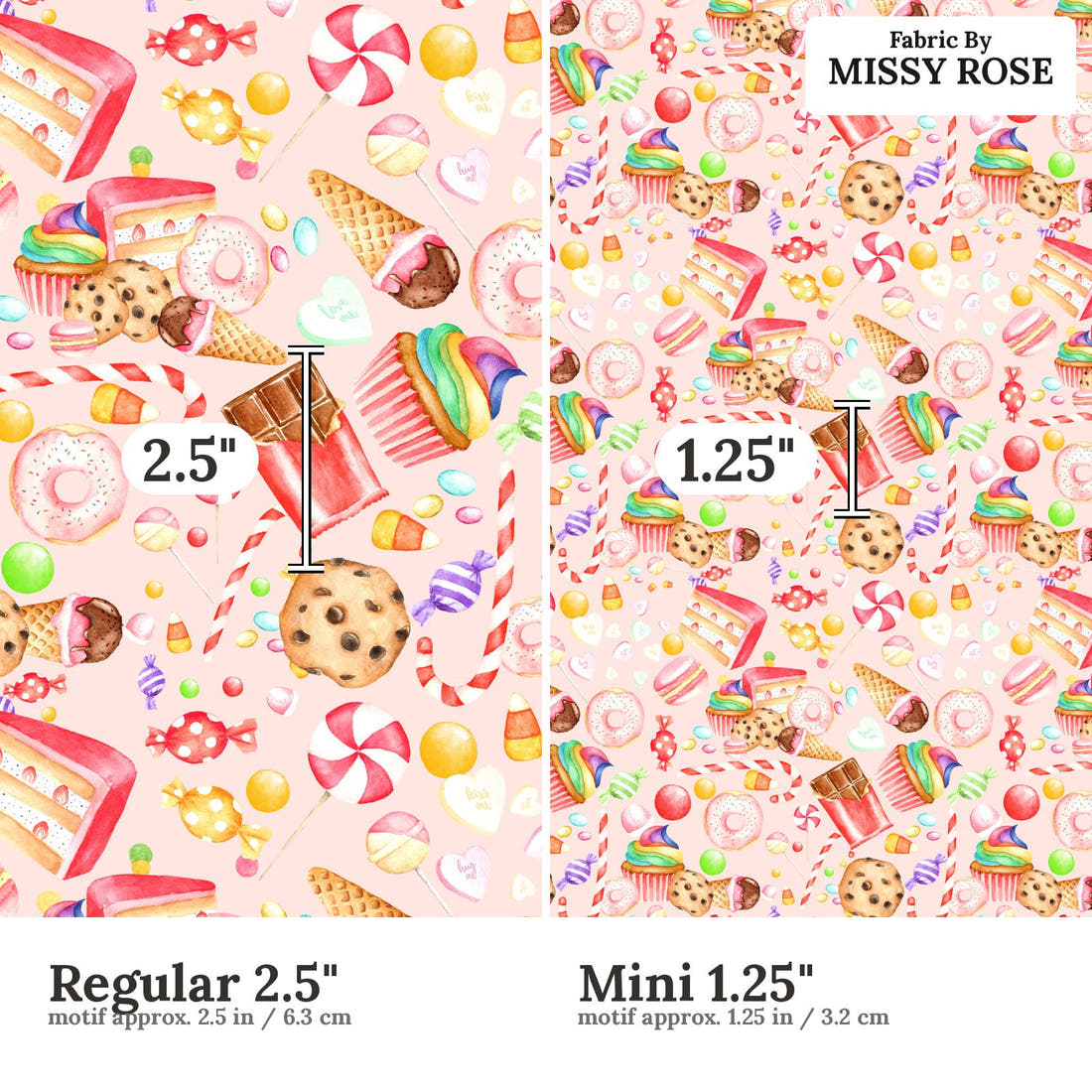 Design 663 Sweets Fabric size comparison - print scale | Fabric by Missy Rose