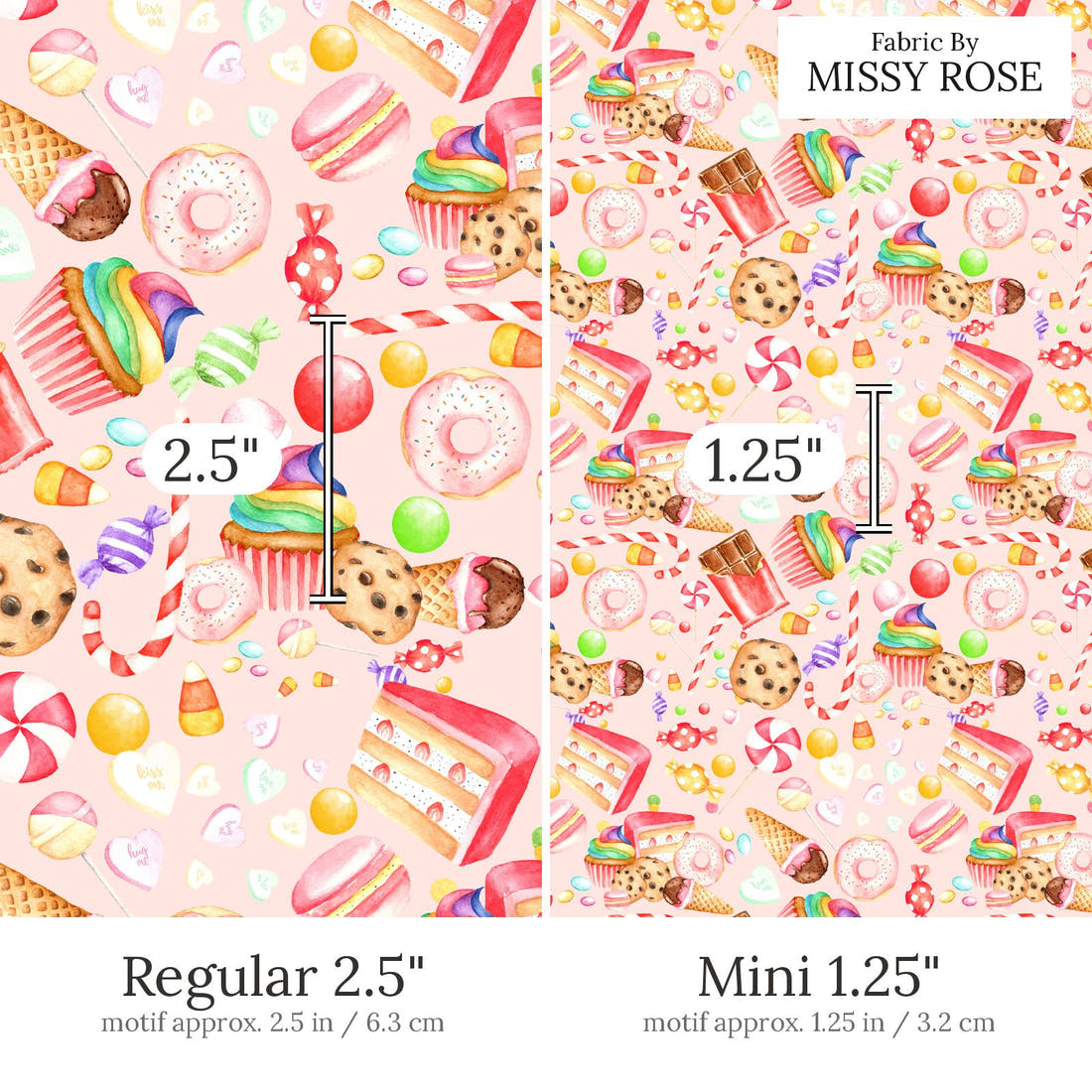 Design 663 Sweets Fabric Regular 2.5 inch vs Mini 1.25 inch print scale side by side | Fabric by Missy Rose