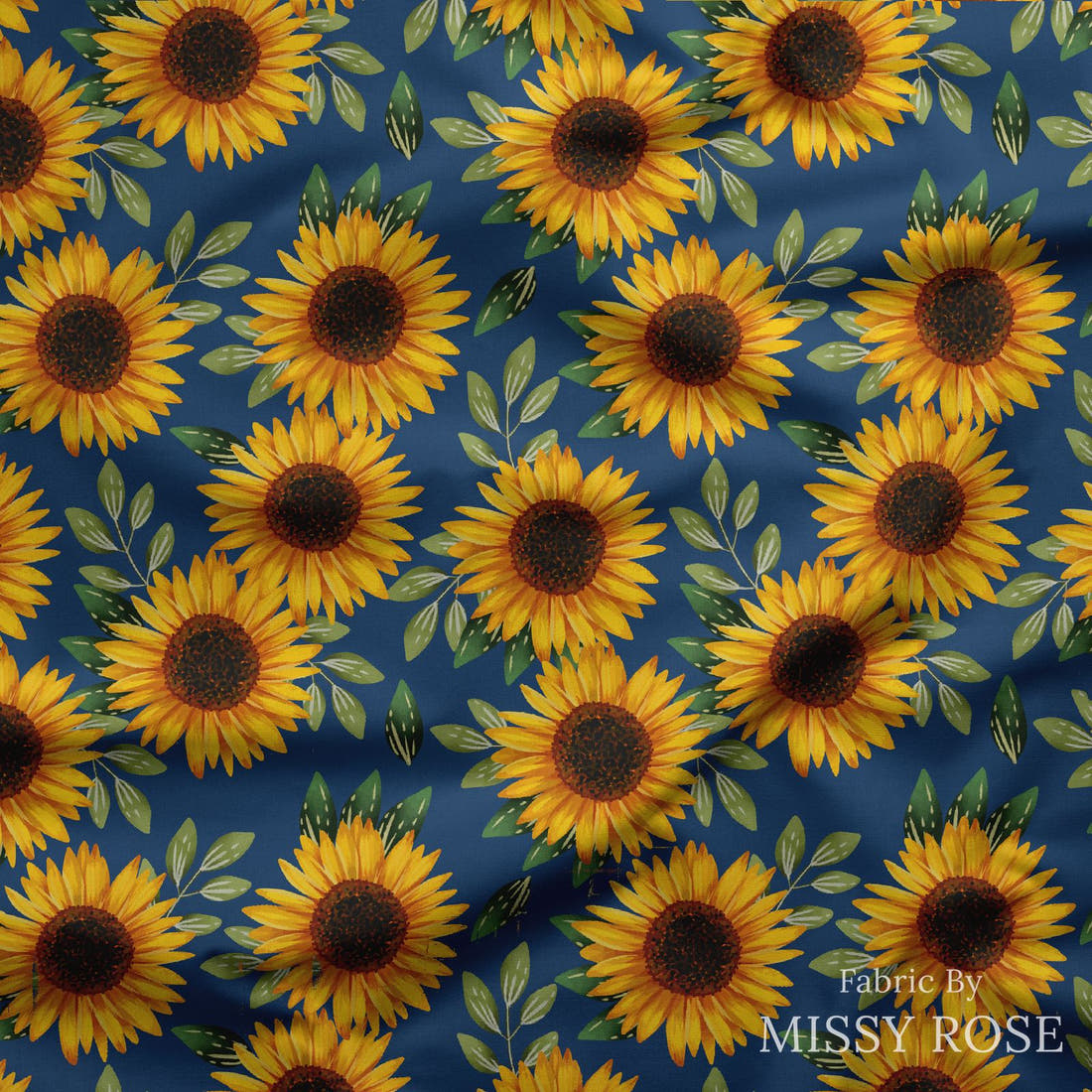 Design 664 Navy Sunflower Fabric draped fabric mockup – custom printed fabric by the metre | Fabric by Missy Rose