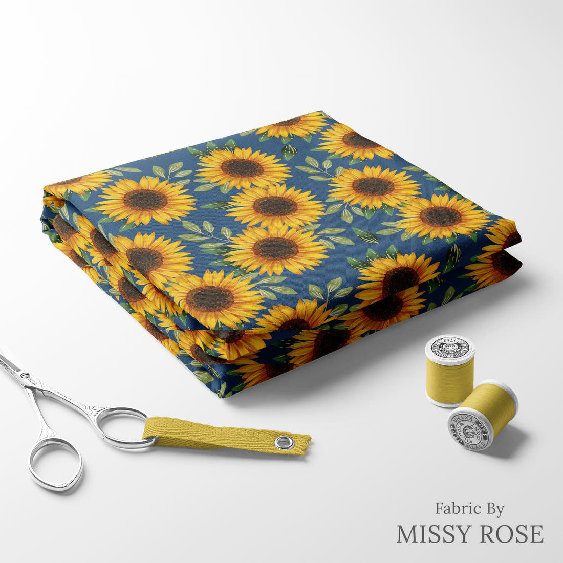 Design 664 Navy Sunflower Fabric folded fabric stack with matching thread – pre-order fabric Australia | Fabric by Missy Rose