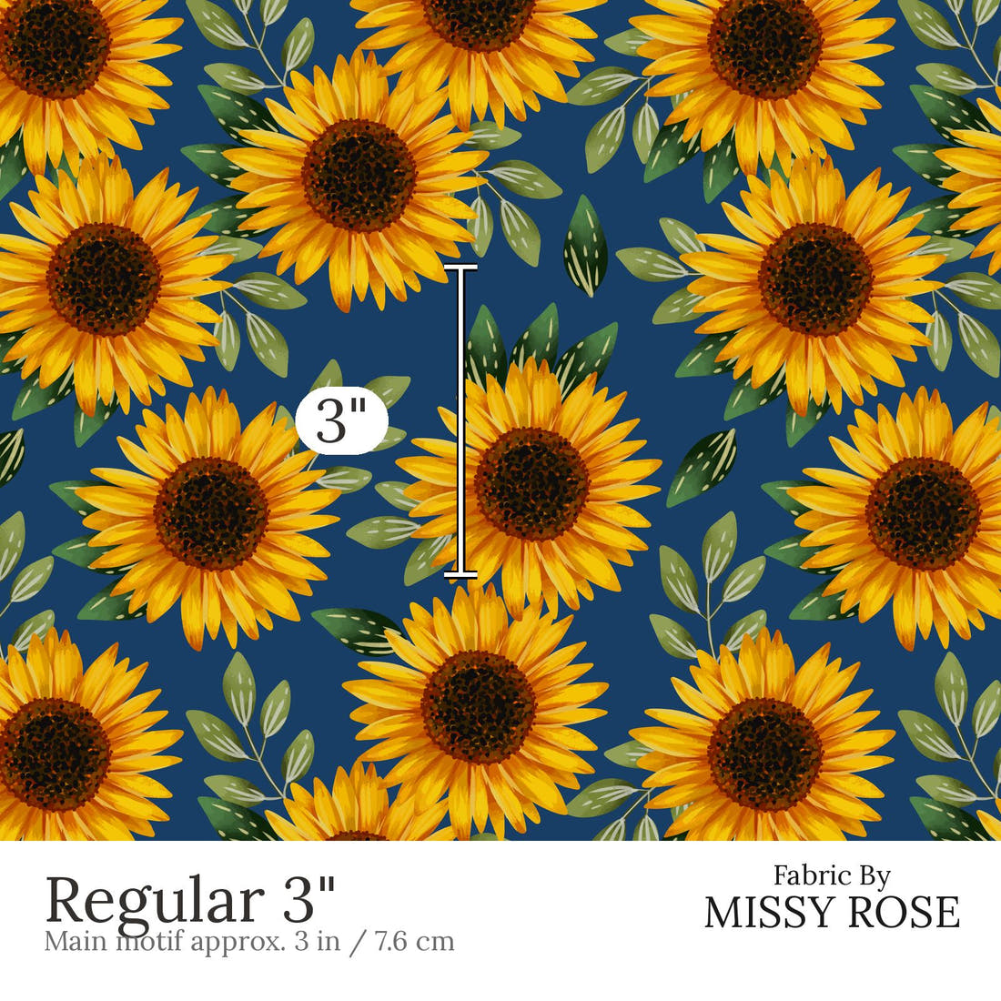 Design 664 Navy Sunflower Fabric Regular 3 inch print scale guide | Fabric by Missy Rose