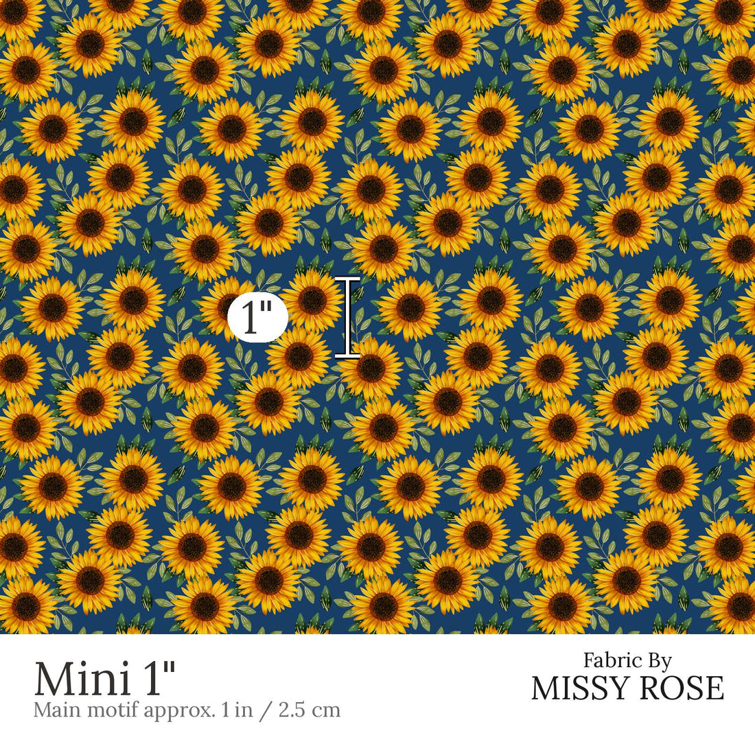 Design 664 Navy Sunflower Fabric Mini 1 inch print scale guide | Fabric by Missy Rose