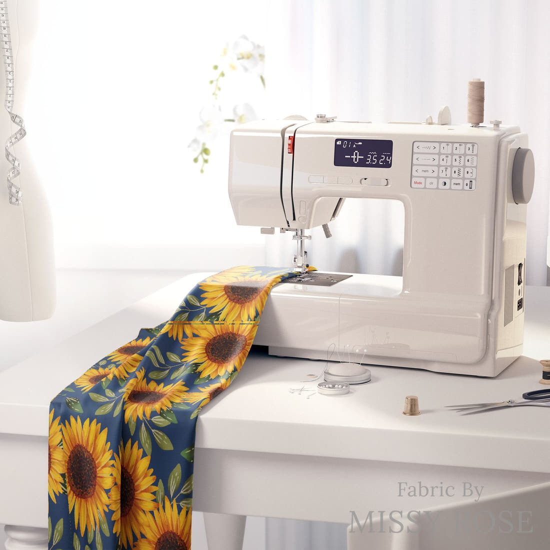 Design 664 Navy Sunflower Fabric on a sewing machine – premium fabric for sewing projects | Fabric by Missy Rose