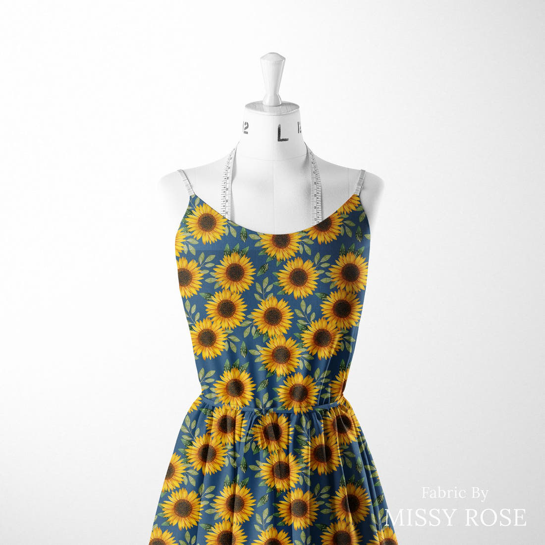 Design 664 Navy Sunflower Fabric sewn into a women's dress – see how the print looks made up | Fabric by Missy Rose