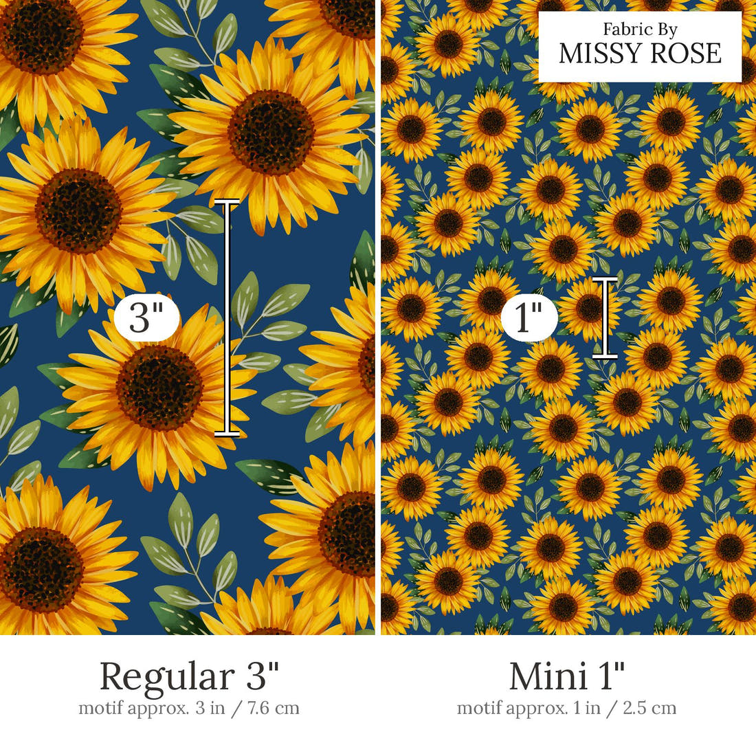 Design 664 Navy Sunflower Fabric Regular 3 inch vs Mini 1 inch print scale side by side | Fabric by Missy Rose