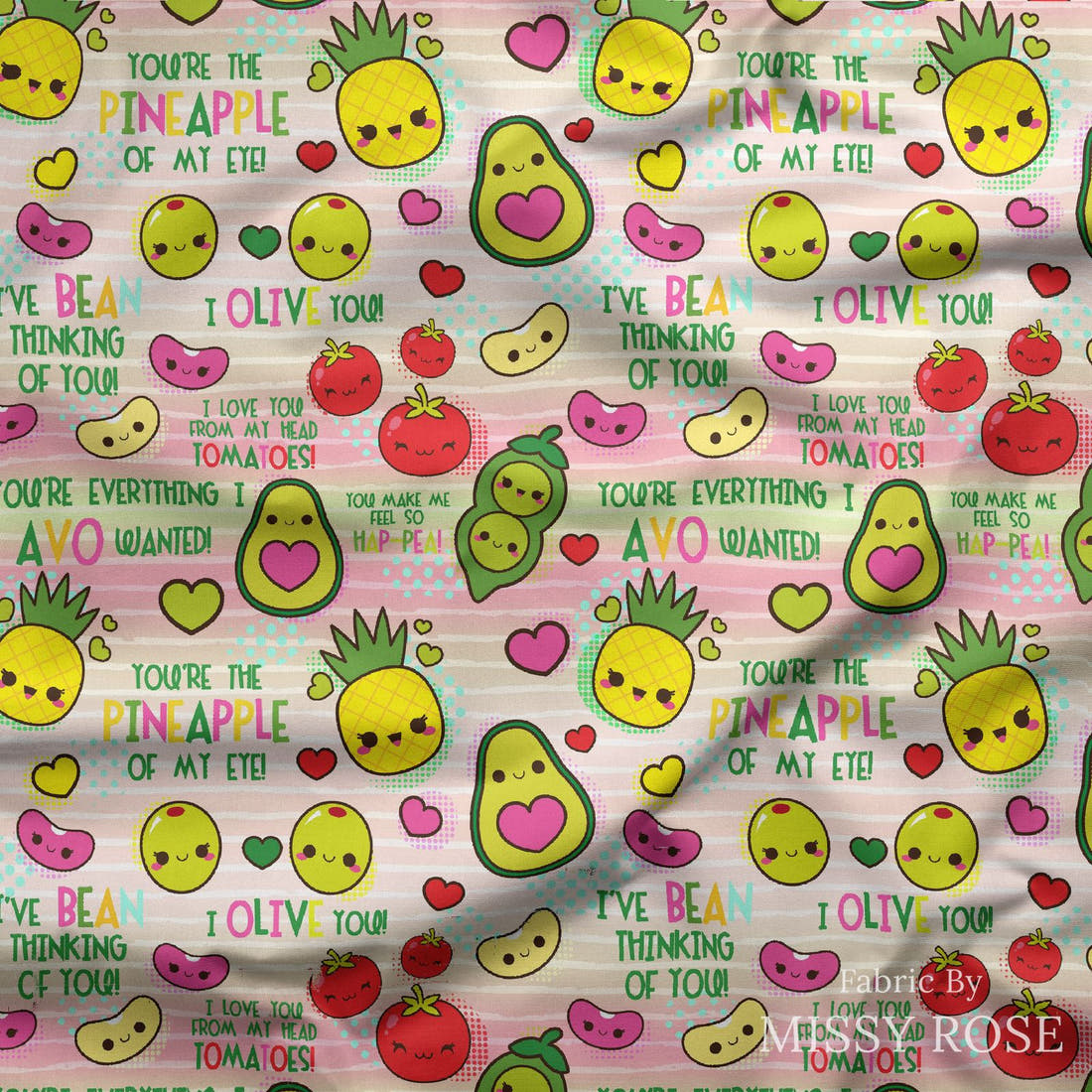 Design 665 Happy Food Fabric draped fabric mockup – custom printed fabric by the metre | Fabric by Missy Rose