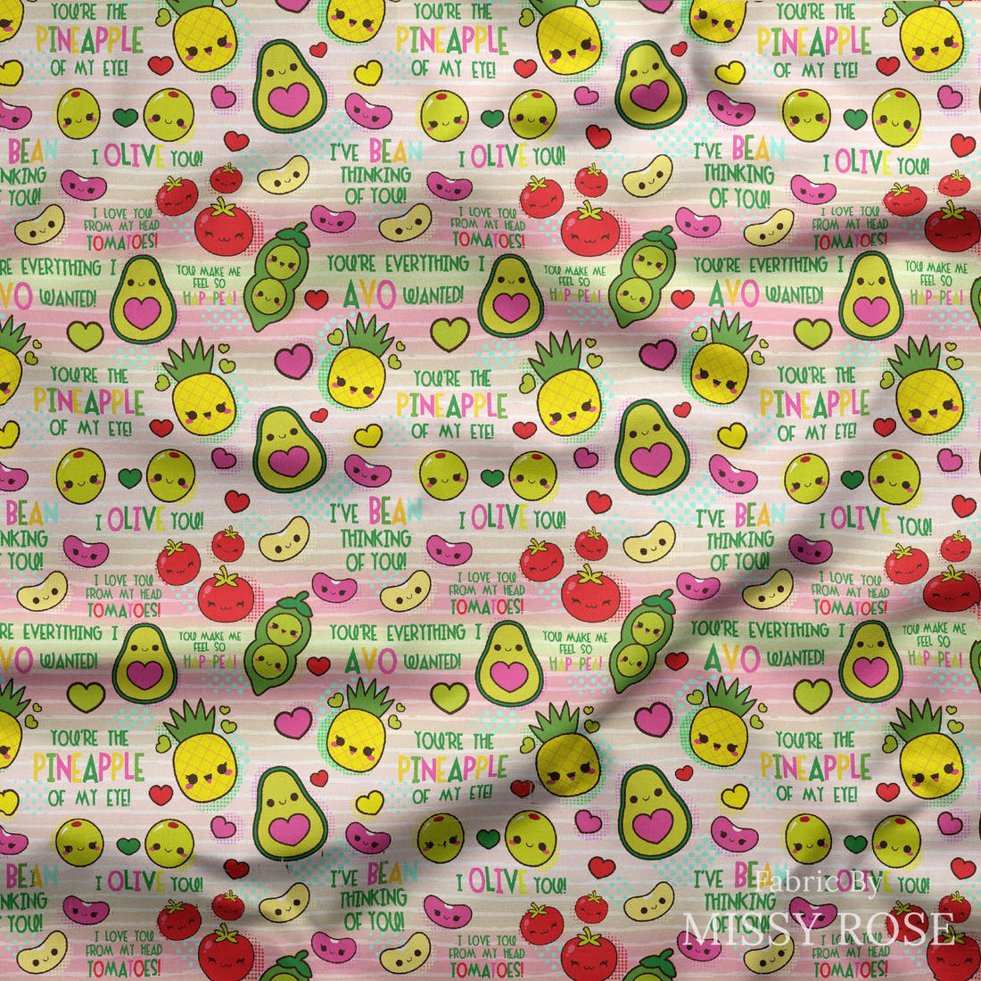 Design 665 Happy Food Fabric draped fabric mockup – custom printed fabric by the metre | Fabric by Missy Rose