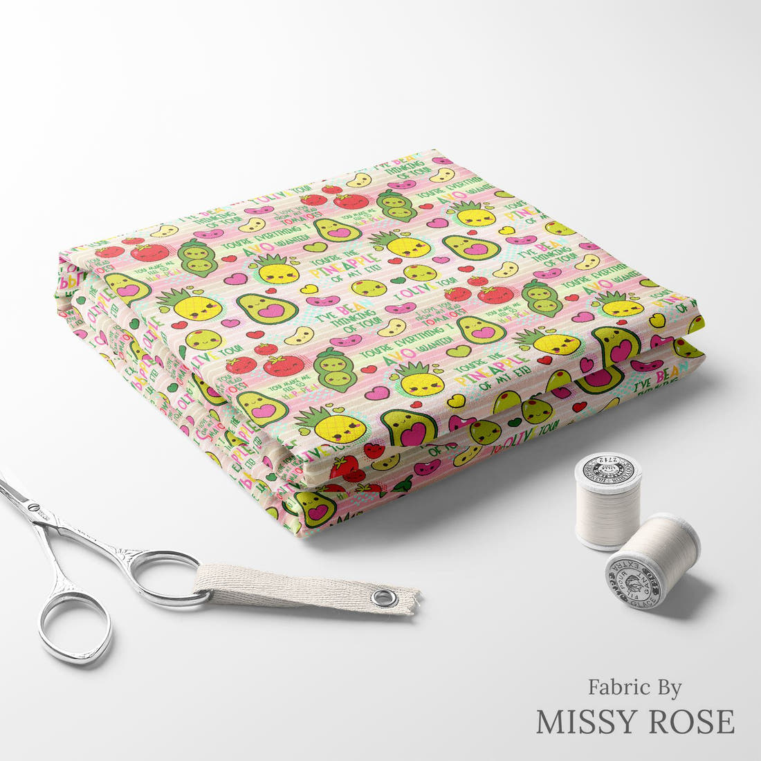 Design 665 Happy Food Fabric folded fabric stack with matching thread – pre-order fabric Australia | Fabric by Missy Rose