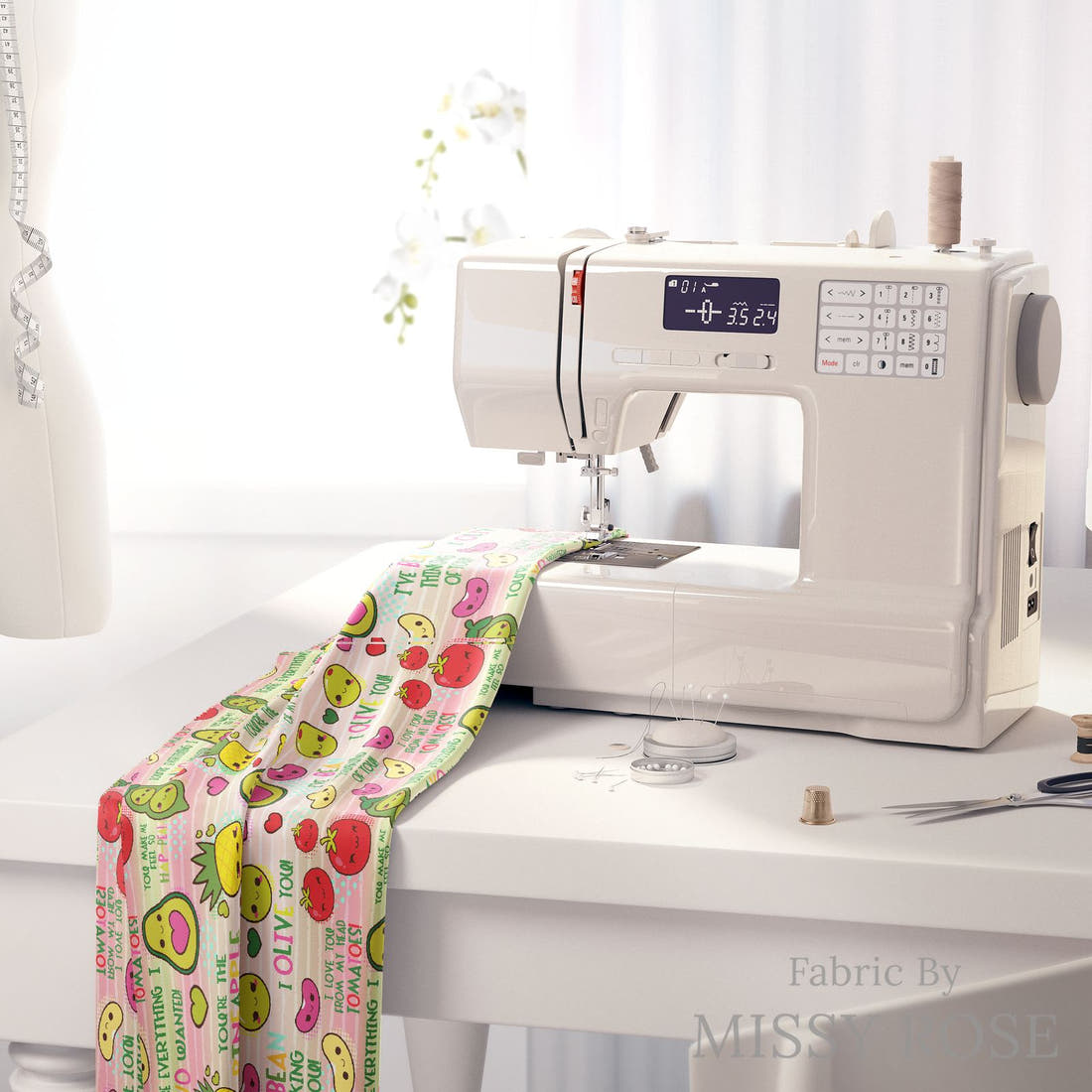 Design 665 Happy Food Fabric on a sewing machine – premium fabric for sewing projects | Fabric by Missy Rose