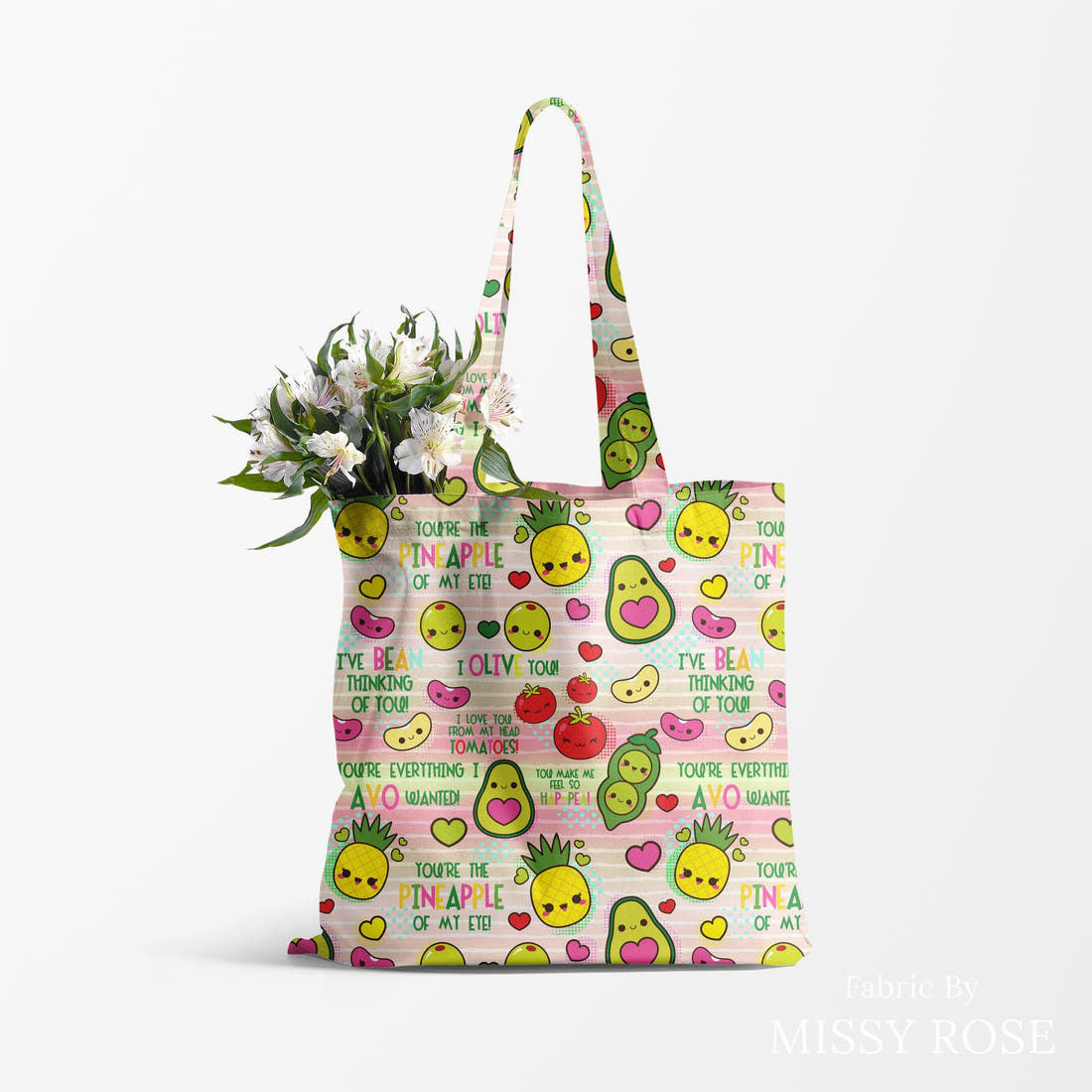 Design 665 Happy Food Fabric made up as a tote bag – see how the print looks made up | Fabric by Missy Rose