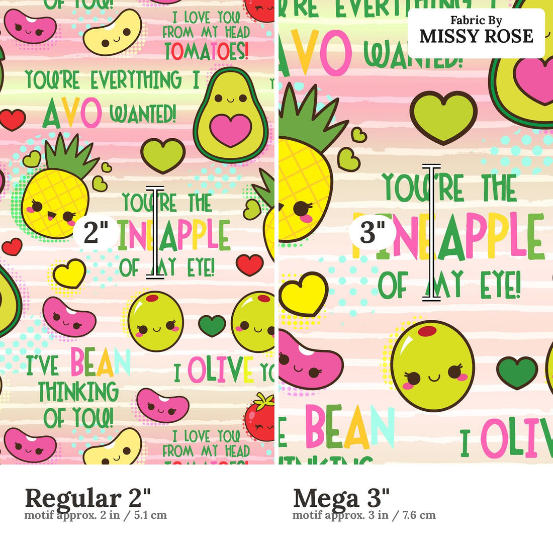 Design 665 Happy Food Fabric size comparison - print scale | Fabric by Missy Rose