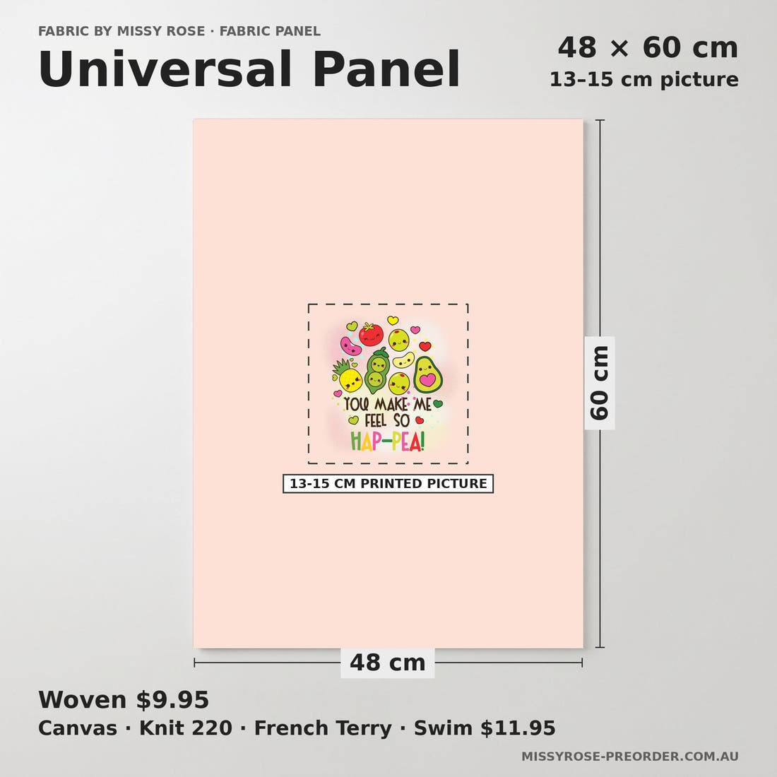Design 665 Happy Food Panel universal panel sizing – 13–15 cm printed picture on 48 × 60 cm fabric | Fabric by Missy Rose