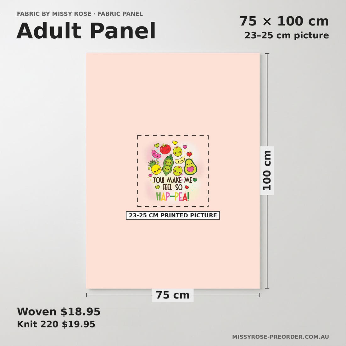Design 665 Happy Food Panel adult panel sizing – 23–25 cm printed picture on 75 × 100 cm fabric | Fabric by Missy Rose
