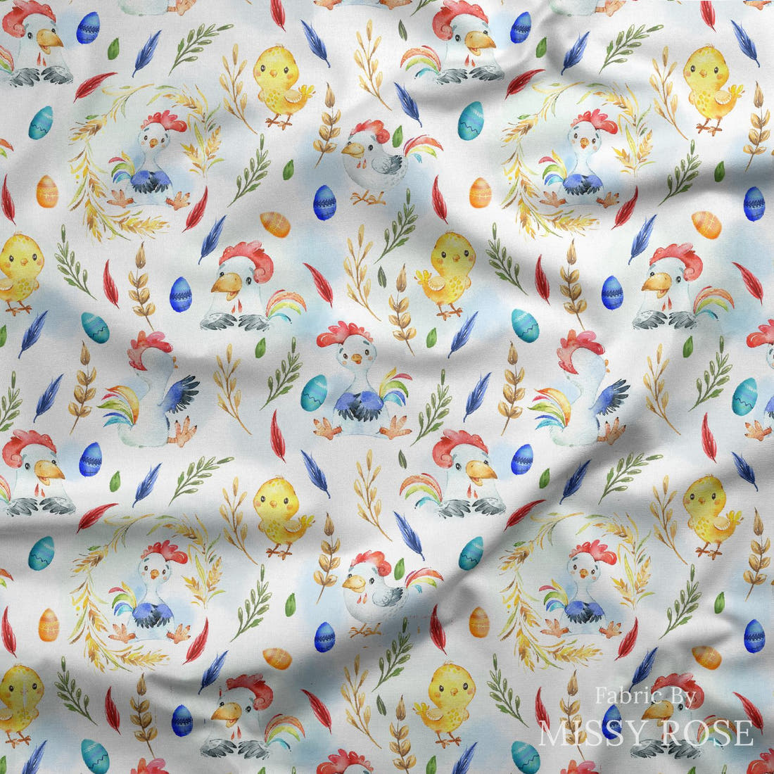 Design 666 White Chicken Fabric draped fabric mockup – custom printed fabric by the metre | Fabric by Missy Rose