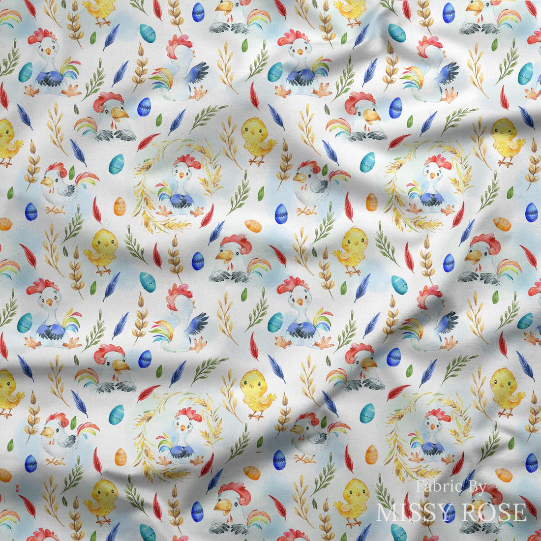 Design 666 White Chicken Fabric draped fabric mockup – custom printed fabric by the metre | Fabric by Missy Rose