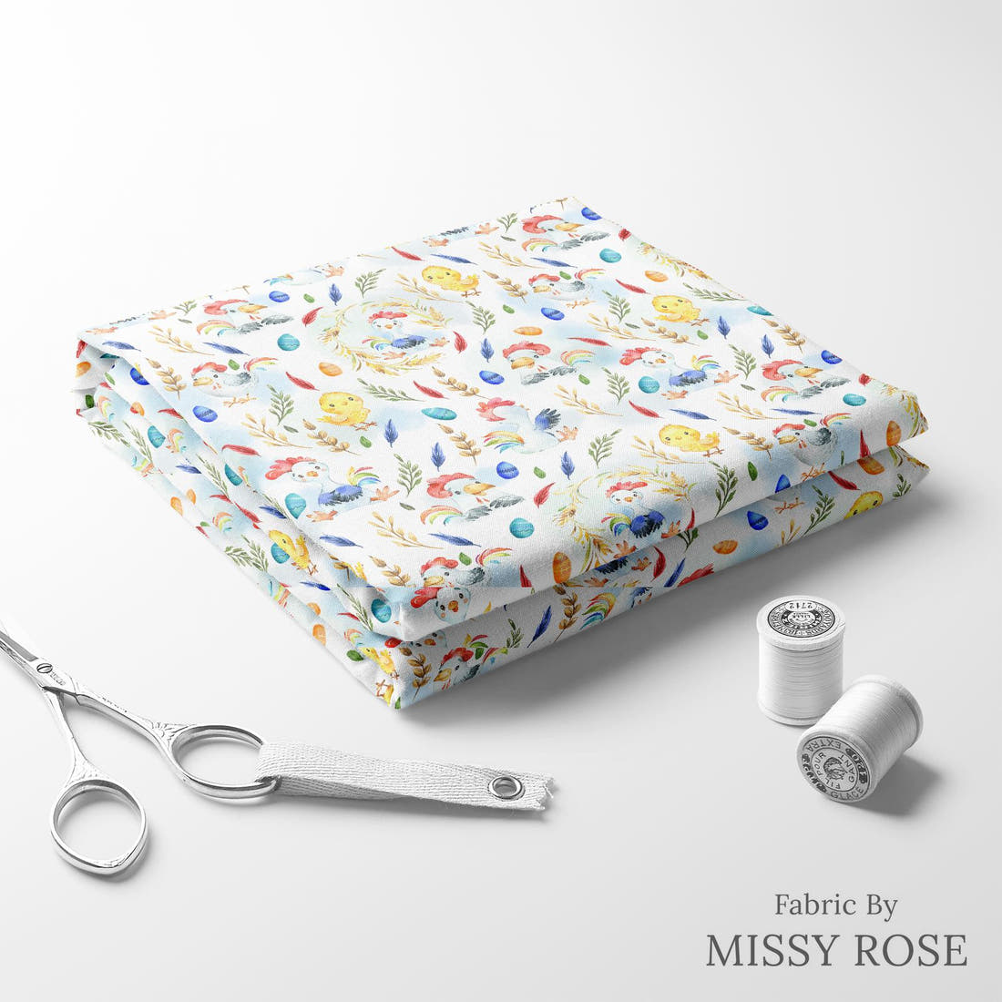 Design 666 White Chicken Fabric folded fabric stack with matching thread – pre-order fabric Australia | Fabric by Missy Rose