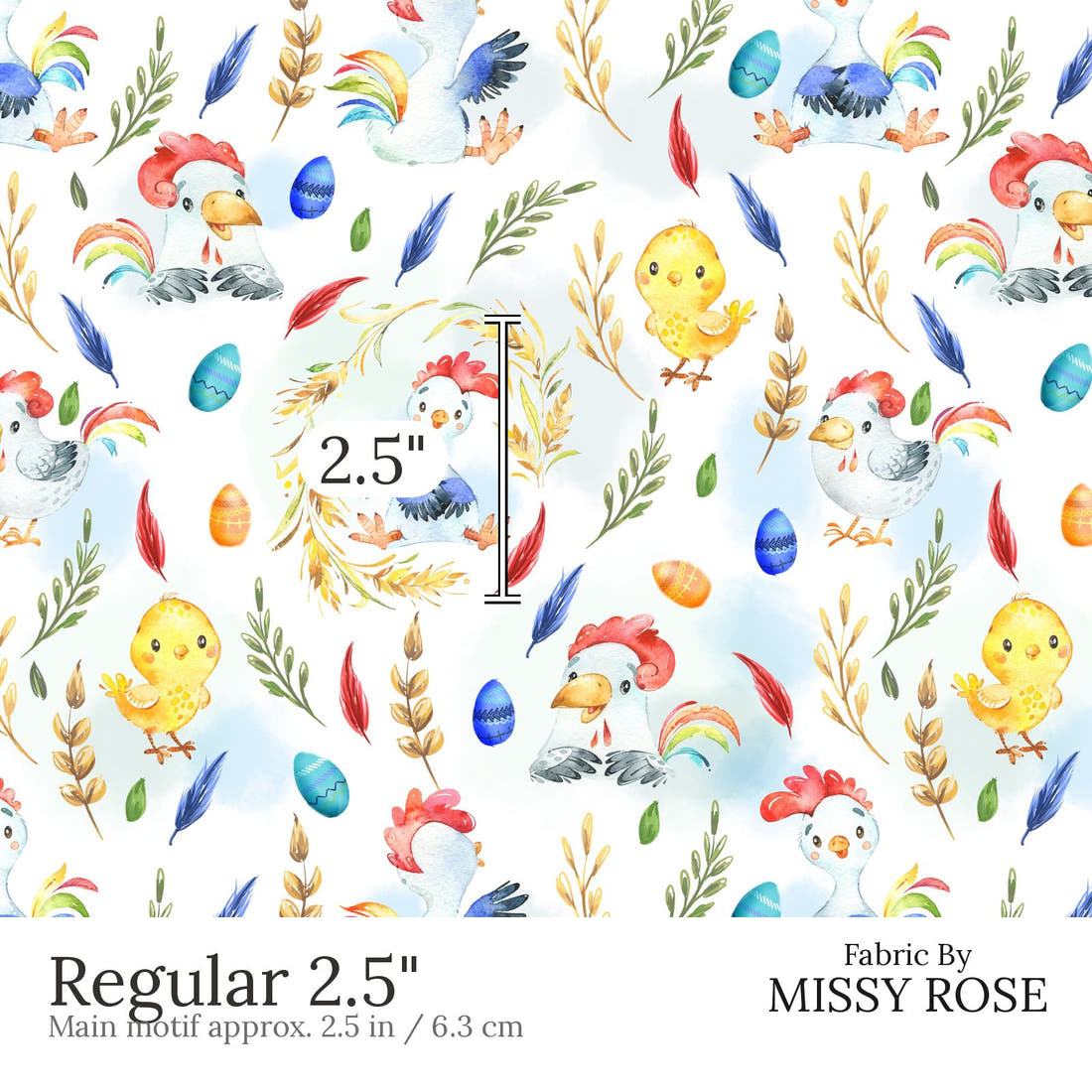 Design 666 White Chicken Fabric Regular 2.5 inch print scale guide | Fabric by Missy Rose
