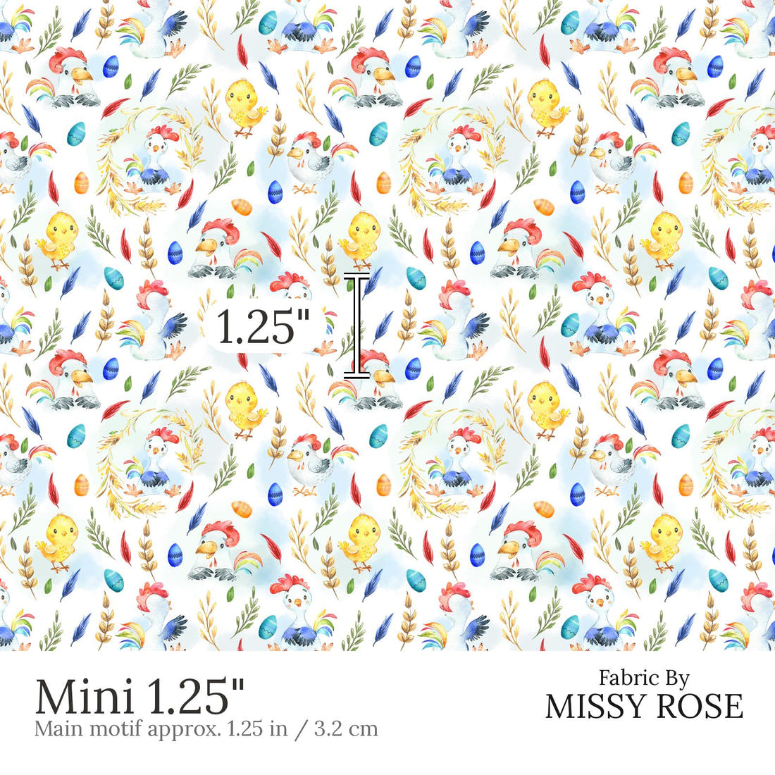 Design 666 White Chicken Fabric Mini 1.25 inch print scale guide | Fabric by Missy Rose