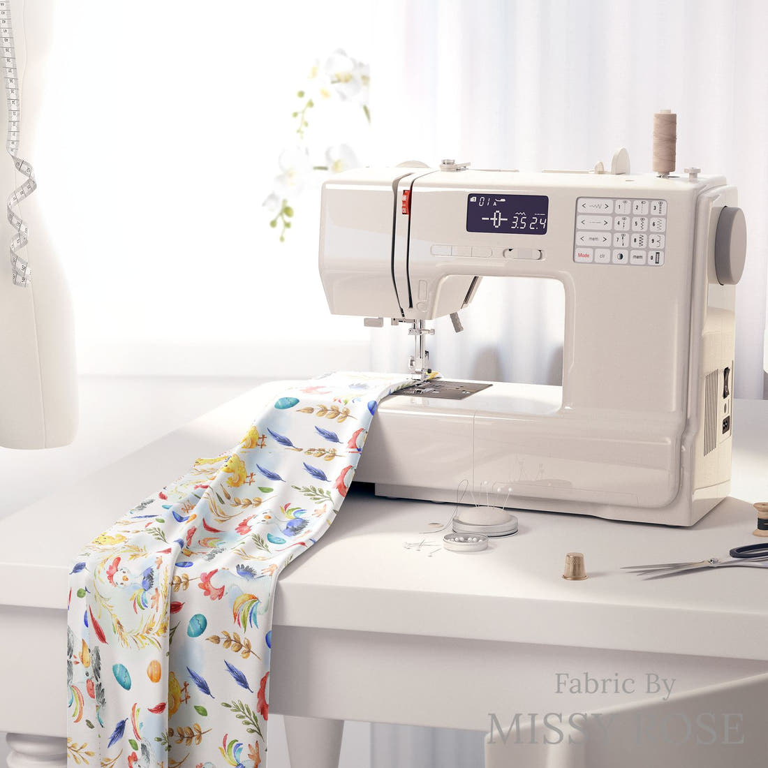 Design 666 White Chicken Fabric on a sewing machine – premium fabric for sewing projects | Fabric by Missy Rose