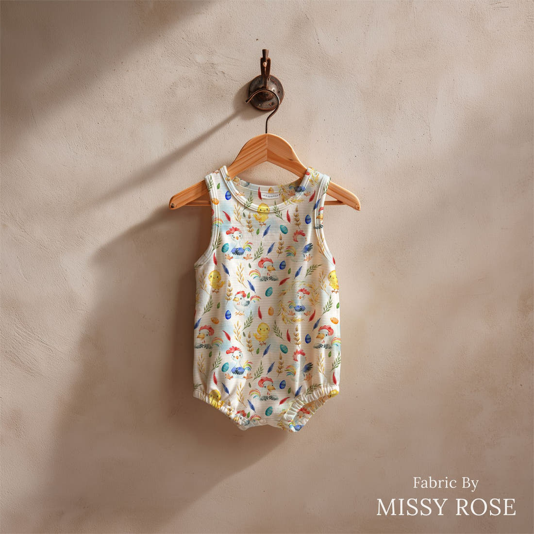 Design 666 White Chicken Fabric sewn into a baby romper – see how the print looks made up | Fabric by Missy Rose