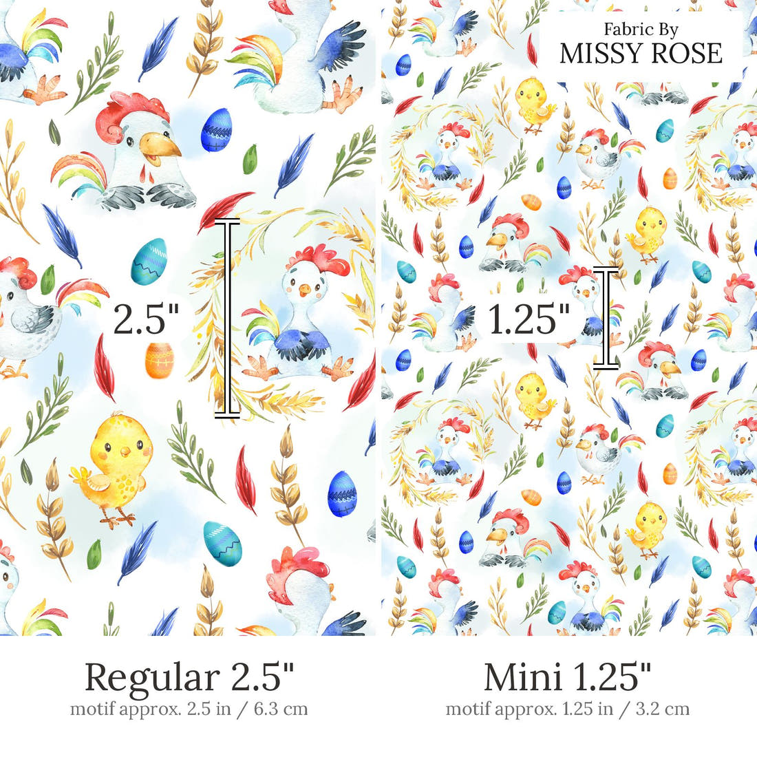 Design 666 White Chicken Fabric Regular 2.5 inch vs Mini 1.25 inch print scale side by side | Fabric by Missy Rose