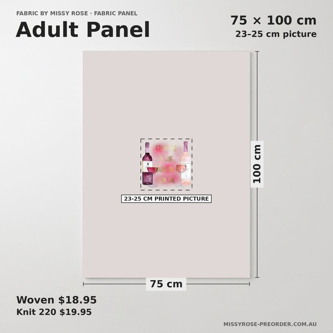 Design 668 Wine Panel adult panel sizing – 23–25 cm printed picture on 75 × 100 cm fabric | Fabric by Missy Rose