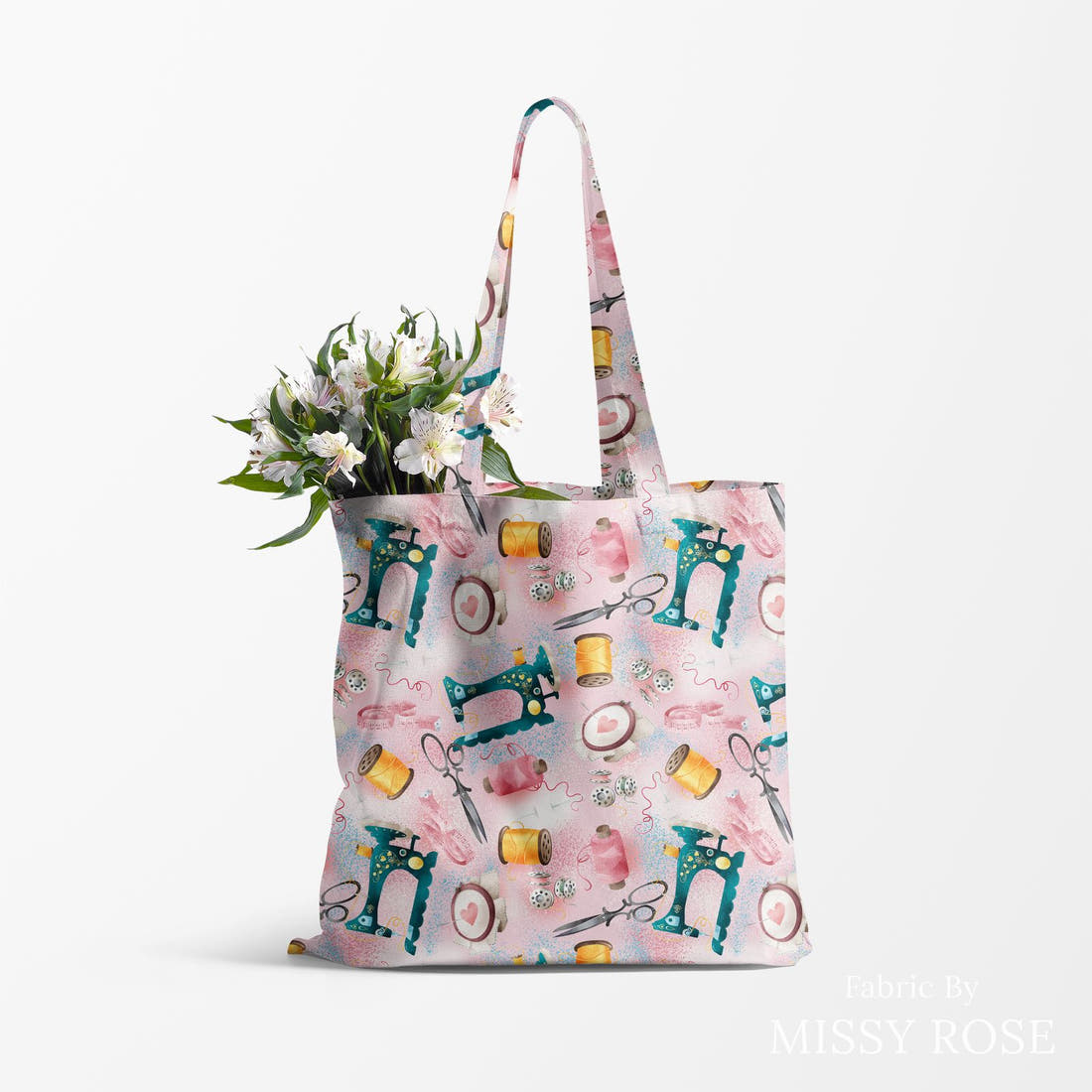 Design 669 Pink Sewing Fabric made up as a tote bag – see how the print looks made up | Fabric by Missy Rose