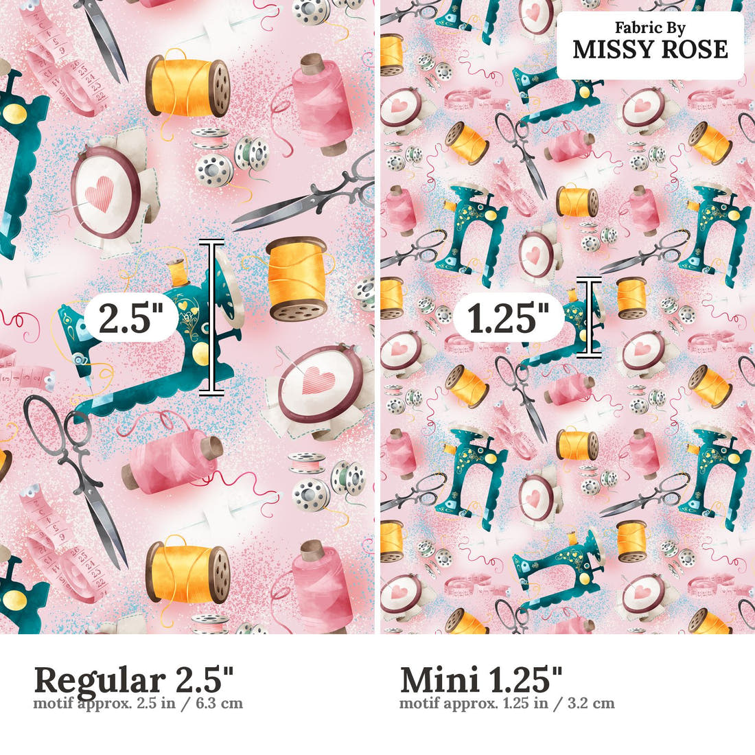 Design 669 Pink Sewing Fabric size comparison - print scale | Fabric by Missy Rose