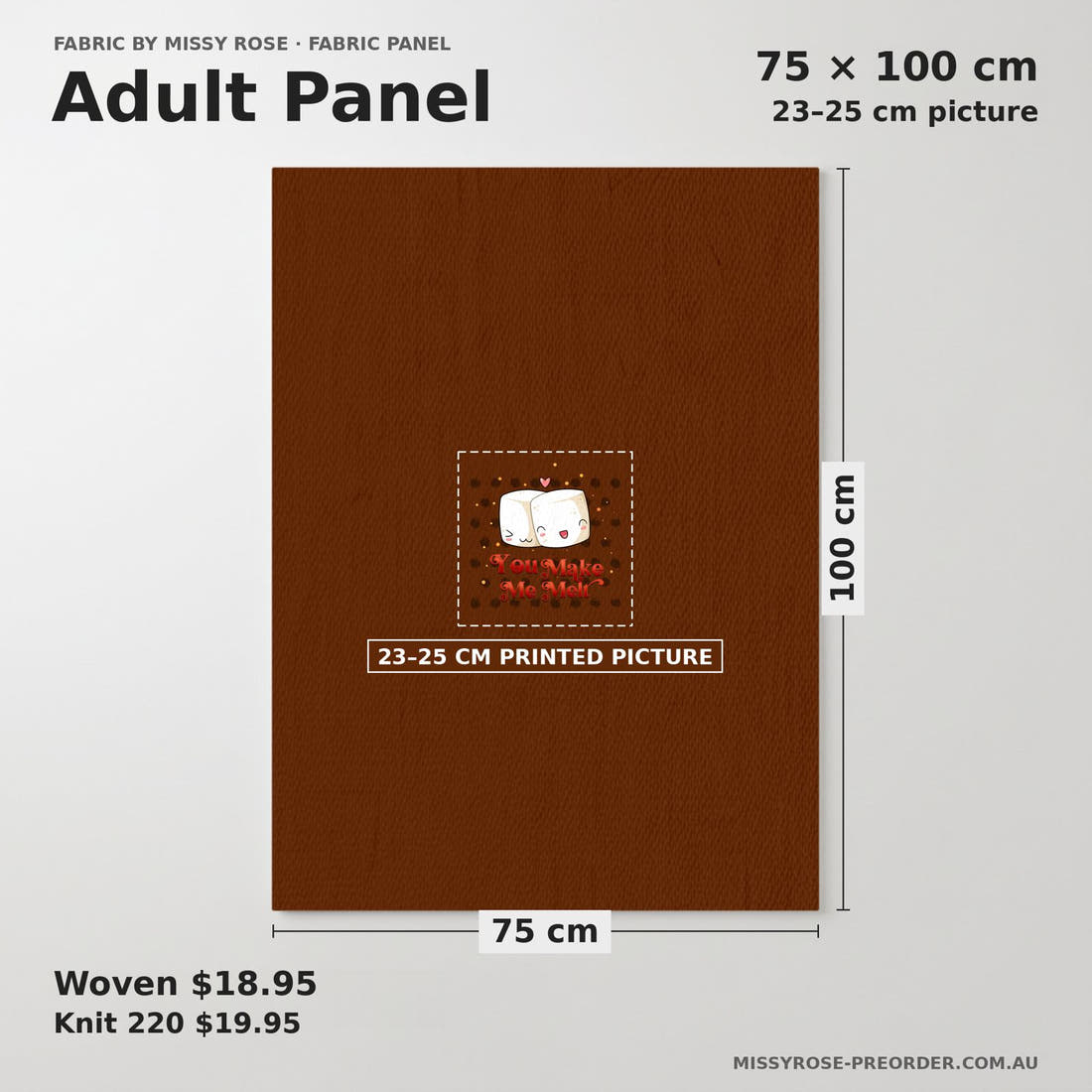 Design 67 Marshmellow Panel adult panel sizing – 23–25 cm printed picture on 75 × 100 cm fabric | Fabric by Missy Rose
