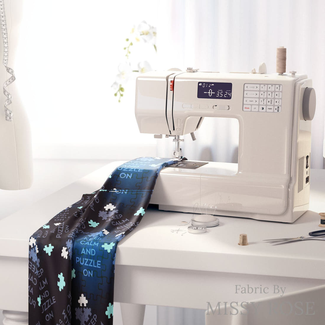 Design 670 Puzzle Fabric on a sewing machine – premium fabric for sewing projects | Fabric by Missy Rose