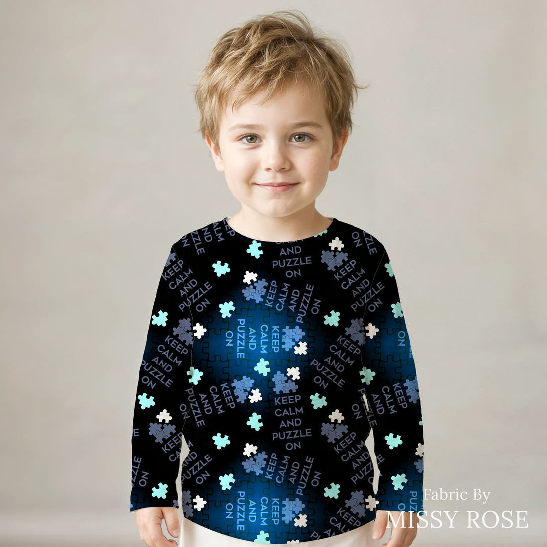 Design 670 Puzzle Fabric sewn into a kids' long sleeve top – see how the print looks made up | Fabric by Missy Rose