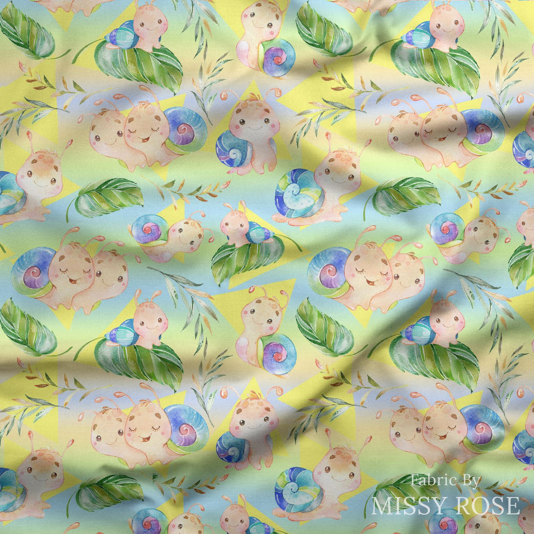 Design 672 Rainbow Snails Fabric draped fabric mockup – custom printed fabric by the metre | Fabric by Missy Rose