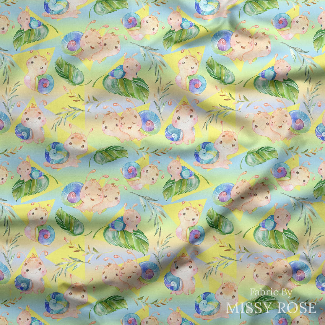 Design 672 Rainbow Snails Fabric draped fabric mockup – custom printed fabric by the metre | Fabric by Missy Rose
