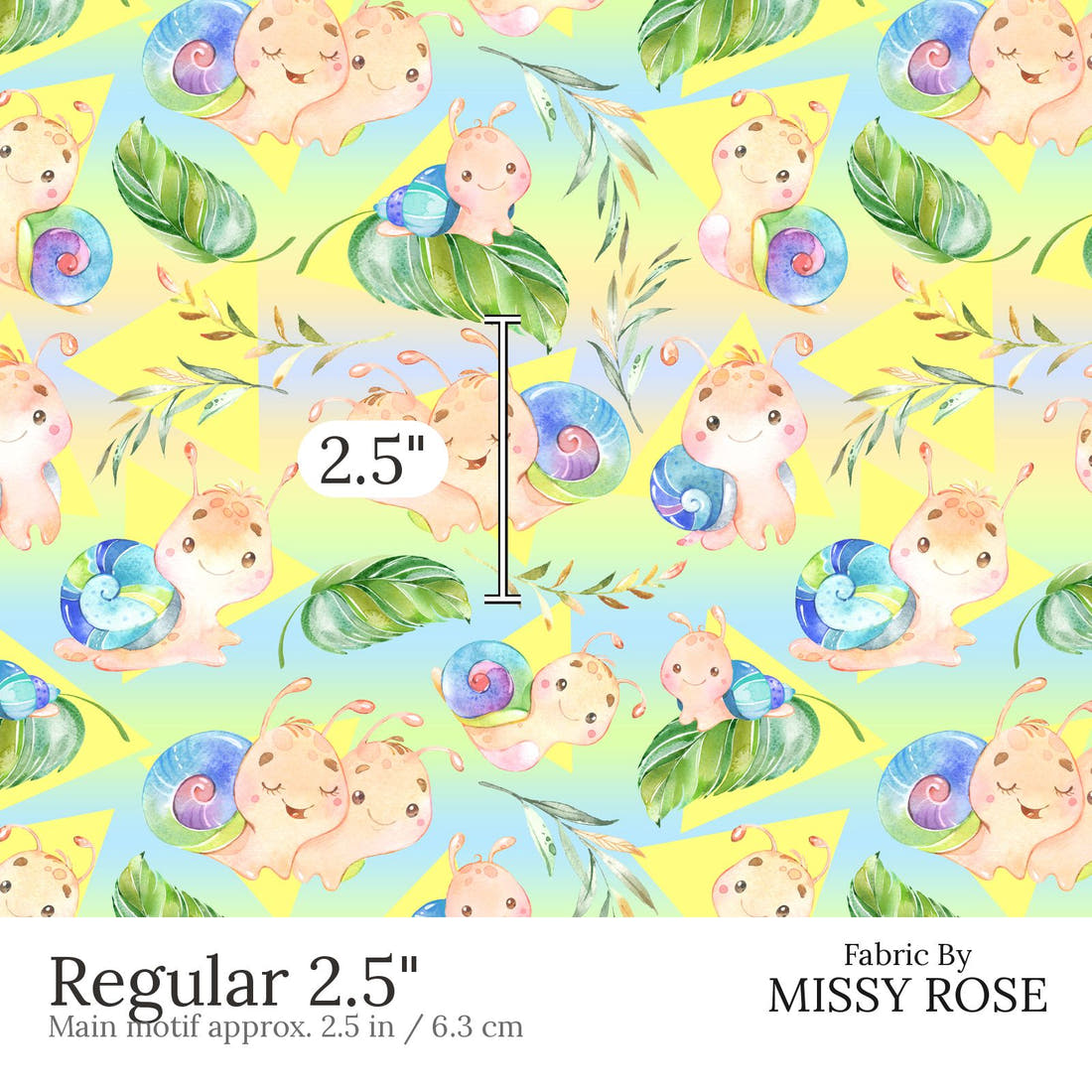 Design 672 Rainbow Snails Fabric Regular 2.5 inch print scale guide | Fabric by Missy Rose