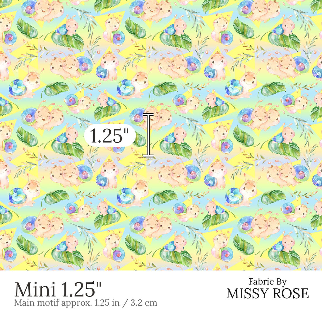 Design 672 Rainbow Snails Fabric Mini 1.25 inch print scale guide | Fabric by Missy Rose