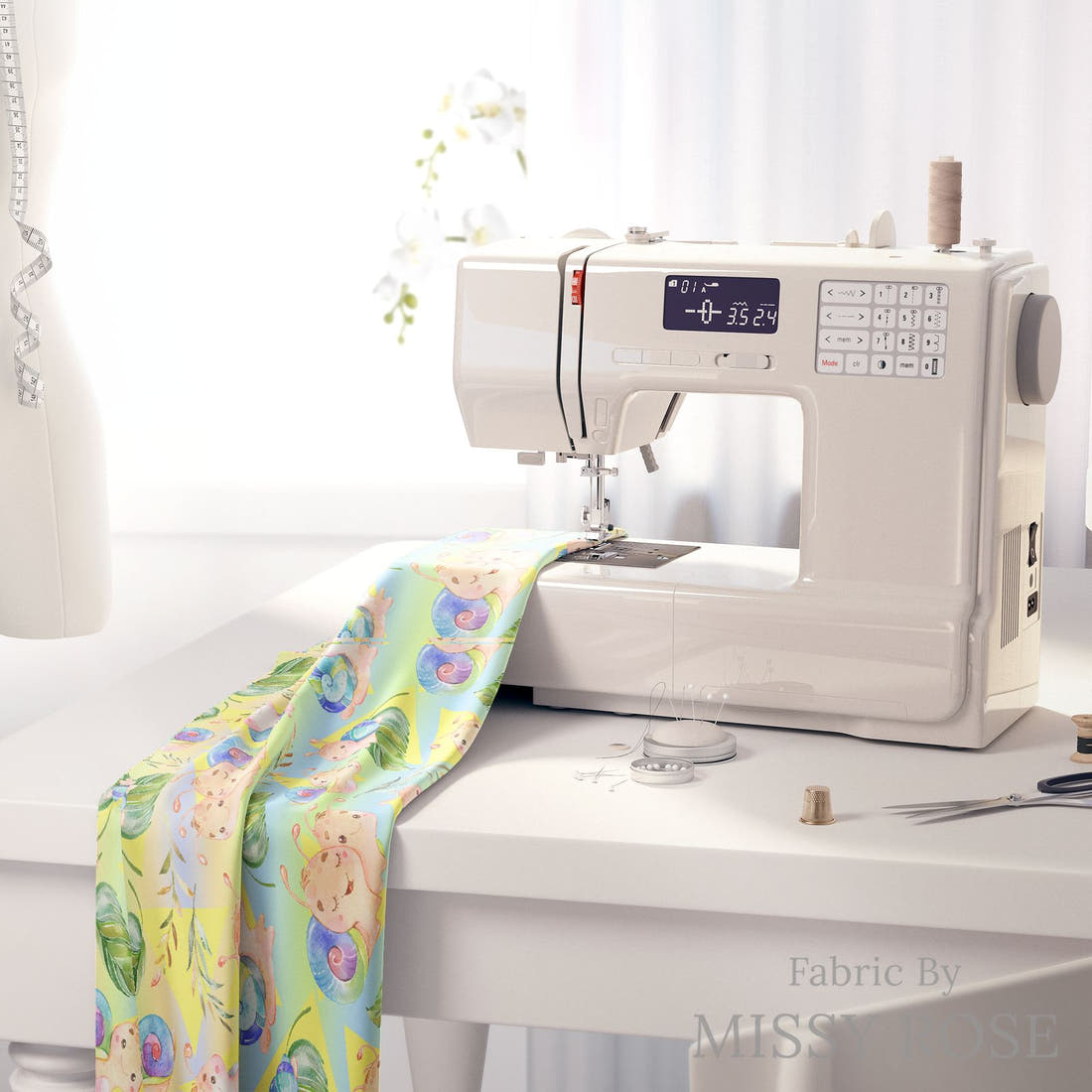 Design 672 Rainbow Snails Fabric on a sewing machine – premium fabric for sewing projects | Fabric by Missy Rose