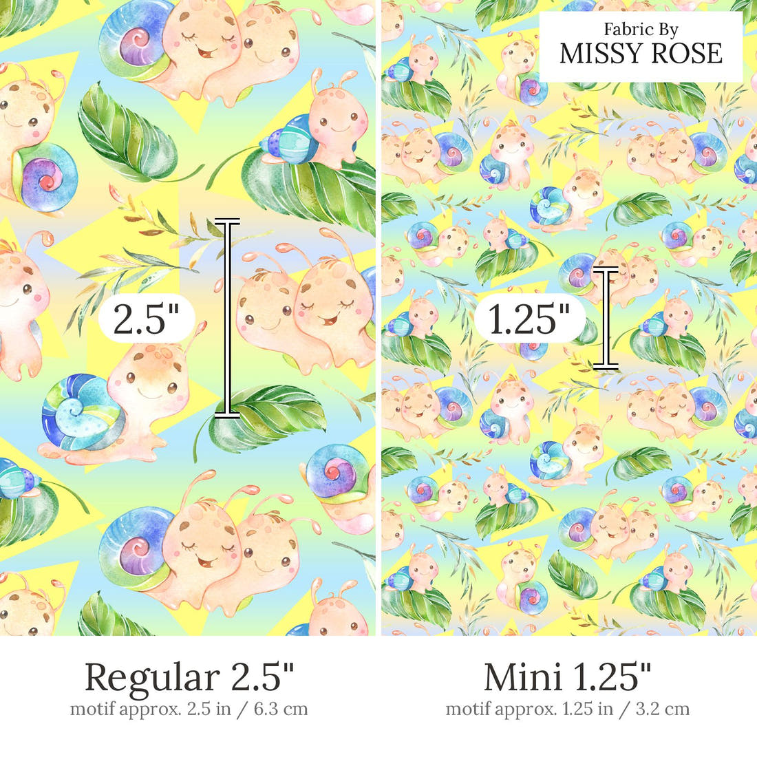 Design 672 Rainbow Snails Fabric Regular 2.5 inch vs Mini 1.25 inch print scale side by side | Fabric by Missy Rose