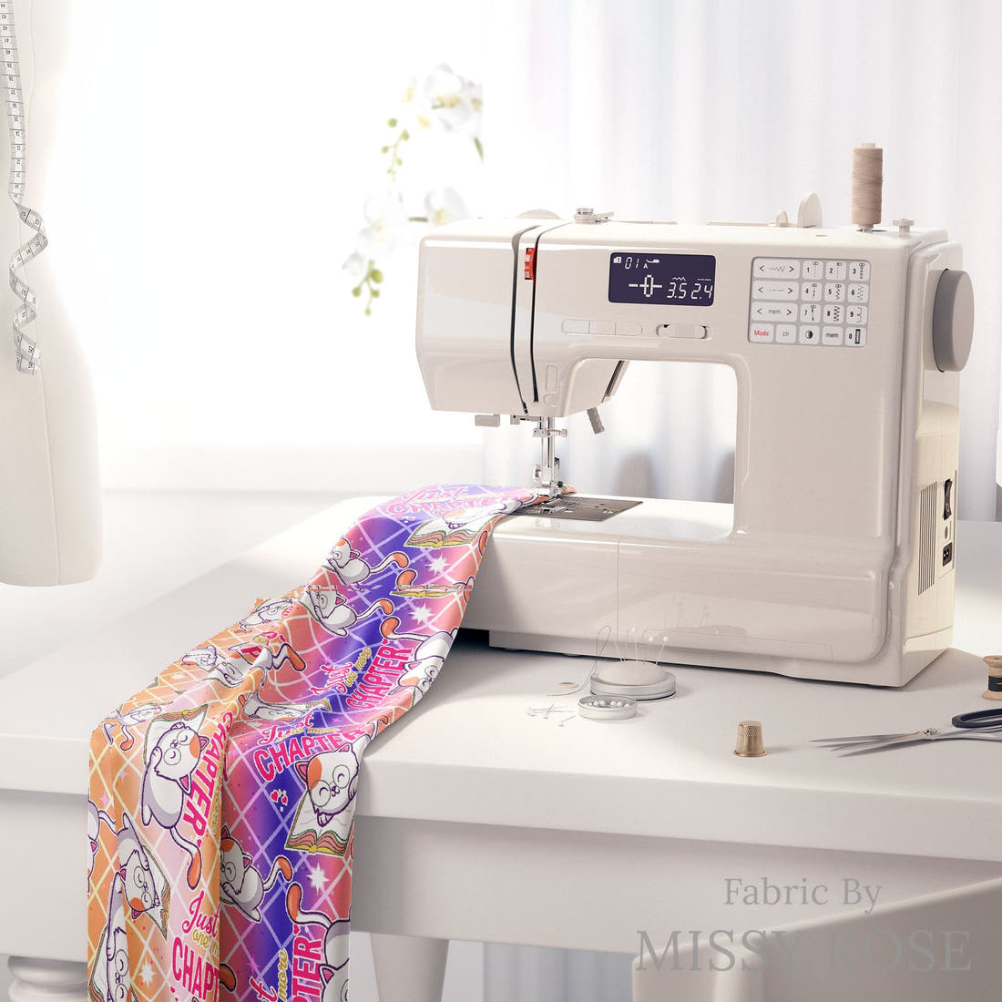Design 673 Reading Fabric on a sewing machine – premium fabric for sewing projects | Fabric by Missy Rose
