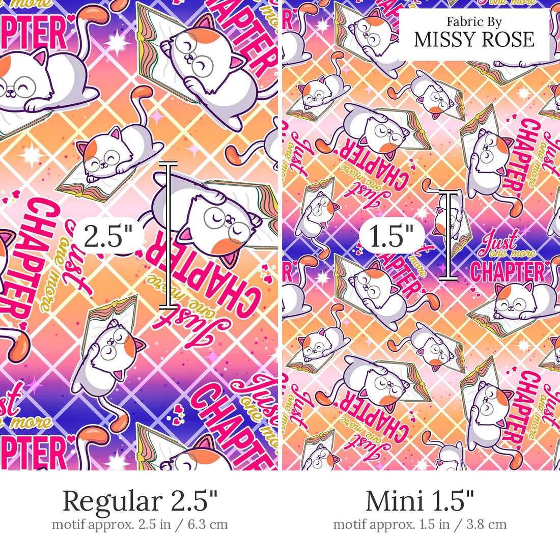 Design 673 Reading Fabric Regular 2.5 inch vs Mini 1.5 inch print scale side by side | Fabric by Missy Rose