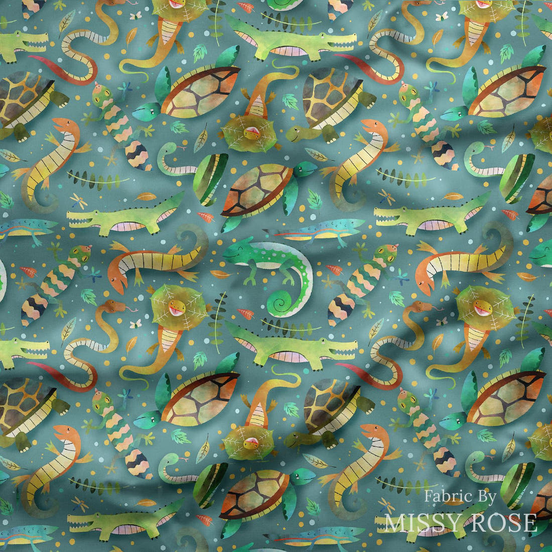 Design 674 Reptiles Fabric draped fabric mockup – custom printed fabric by the metre | Fabric by Missy Rose