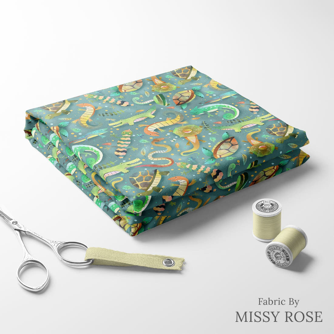 Design 674 Reptiles Fabric folded fabric stack with matching thread – pre-order fabric Australia | Fabric by Missy Rose