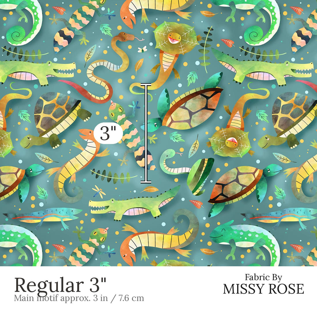 Design 674 Reptiles Fabric Regular 3 inch print scale guide | Fabric by Missy Rose